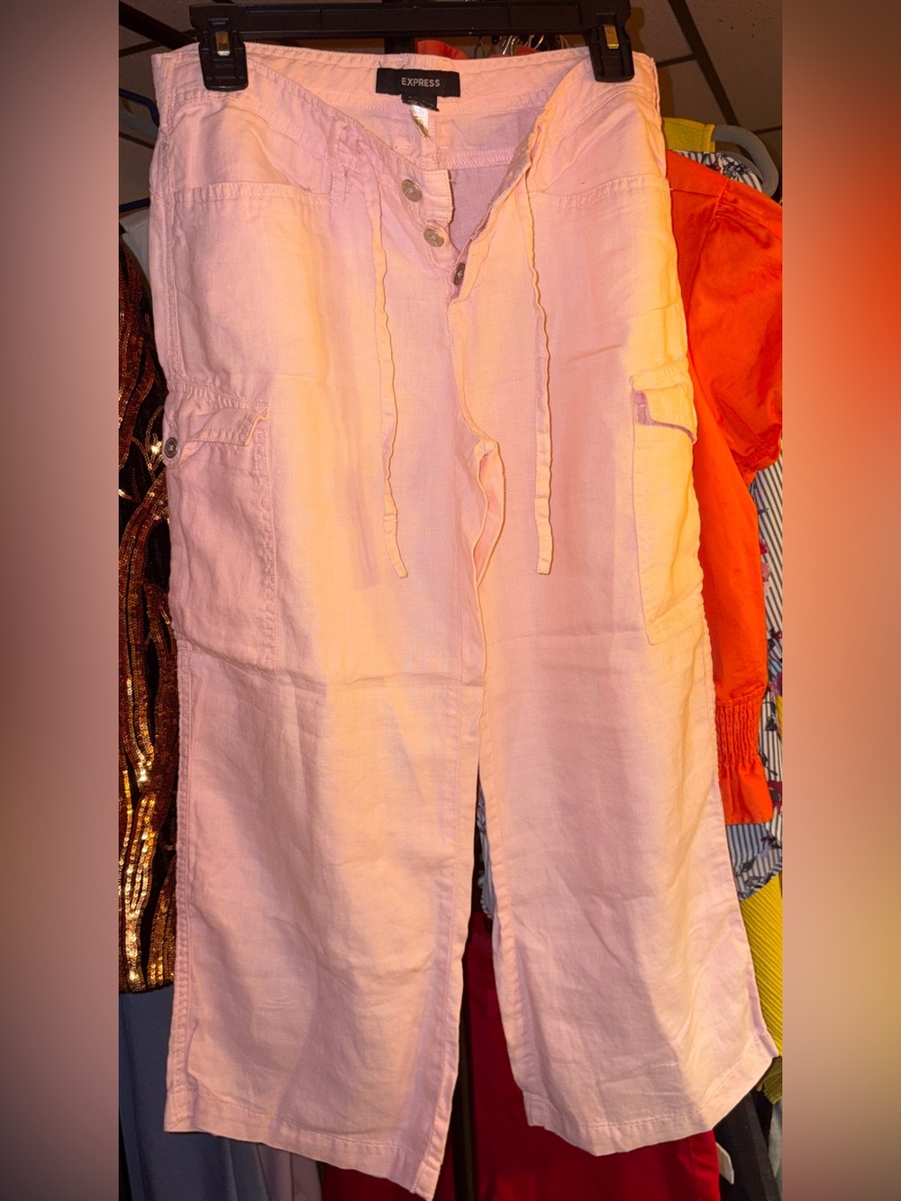 Express Light Pink Wide-Leg Linen Cargo Capris Pants
